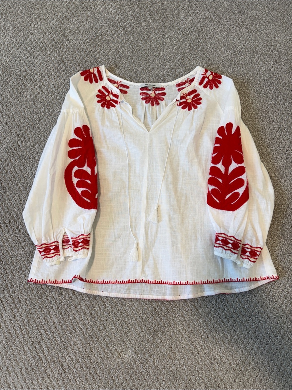 Madewell White Peasant Blouse with Red Floral Embroidery